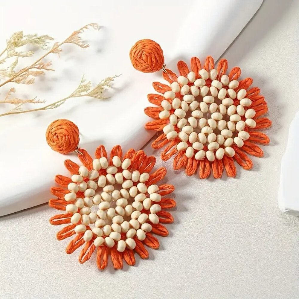 NEW! BOHO Raffia & BEADED SUNFLOWER Earrings